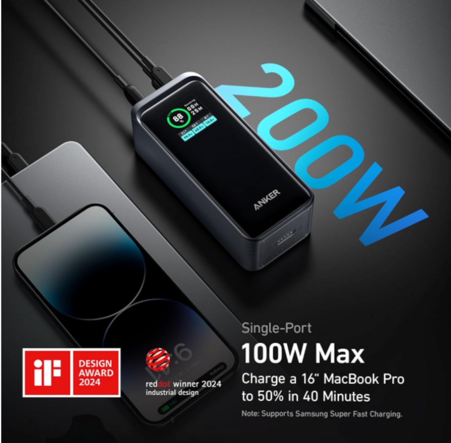 Anker Prime Power Bank 200W, 20,000mAh Portable Charger 3-Port with 100W Charging Base