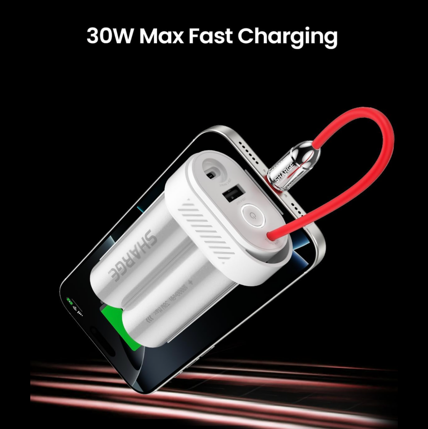 Power Bank 10000mAh 30W Portable Charger with Built-in Type C Cable USB-C and USB-A Port Battery Pack for iPhone 16/15 Galaxy S24 iPad Pixel 9