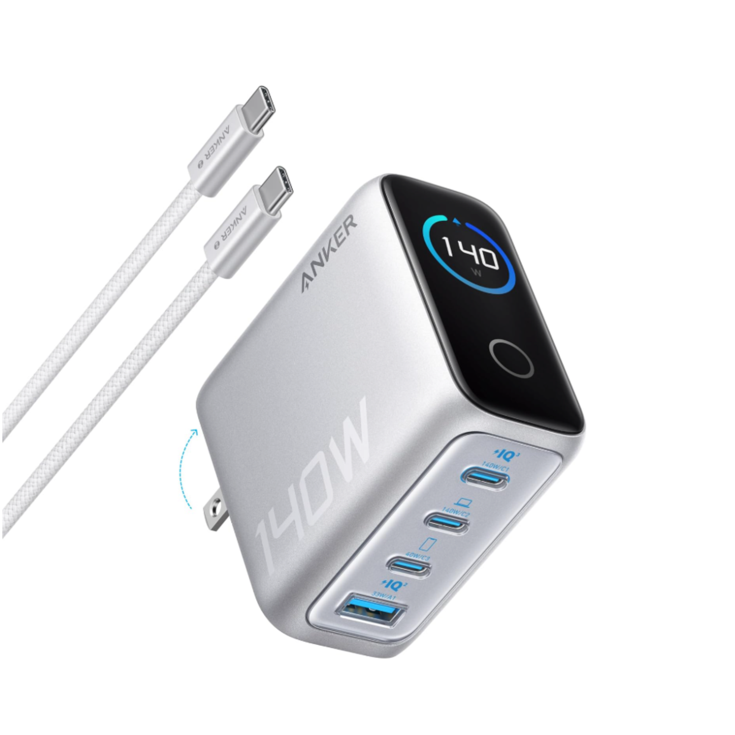 140W USB-C Charger, Anker Laptop Charger, 4-Port Multi-Device Fast Charging, Advanced GaN Power Adapter, Intuitive Touch Controls, for MacBook, iPhone 16 Series, Samsung Galaxy, Pixel, and More