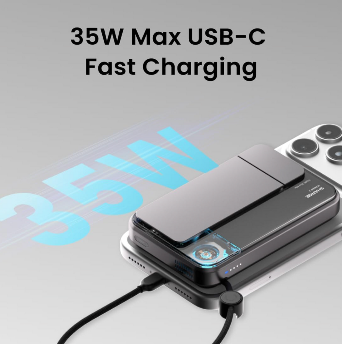 Sharge ICEMAG 3 MagSafe Portable Charger, Qi2 25W Magnetic Power Bank 10000mAh with 35W Built-in Cable, Active Cooling& Foldable Stand, Transparent Design for iPhone 17/16 Series-Black