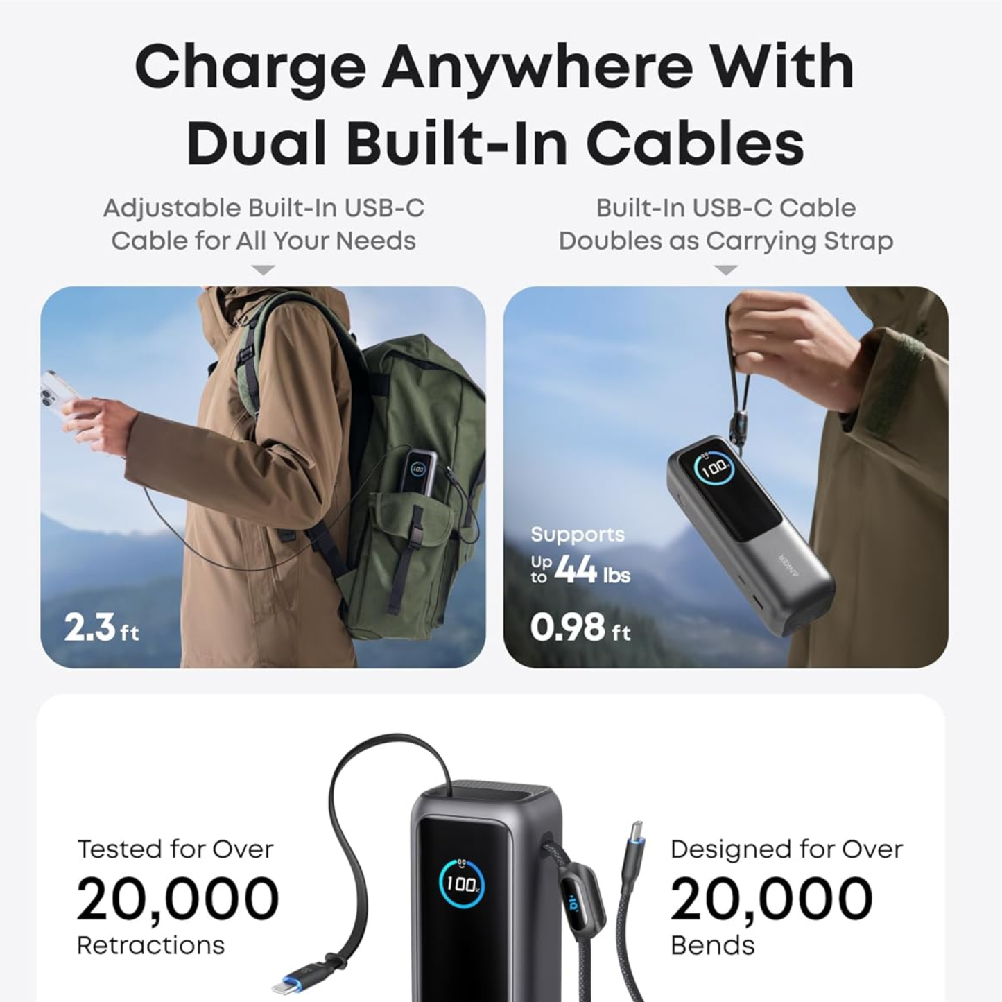 Anker Laptop Power Bank, 25,000mAh Portable Charger with Triple 100W USB-C Ports for Multi-Device Charging, Built-in and Retractable Cables, for iPhone 16/15 Series, MacBook, Samsung,