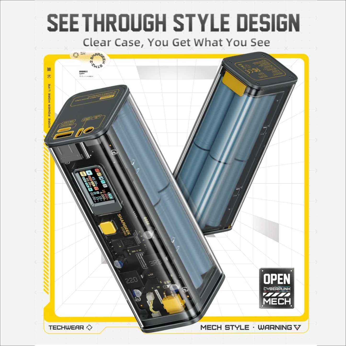 Shargeek Portable Charger, Storm 2 100W 25600mAh Laptop Power Bank, World's First See Through Battery Pack with IPS Screen, DC & 2 USB C & USB Ports for MacBook Pro/Dell XPS, iPad/iPhone 13 and More