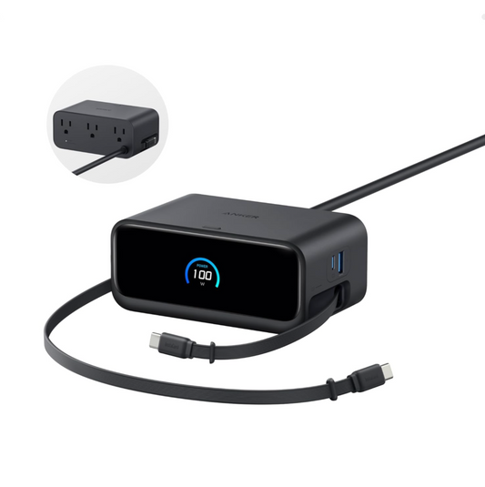 Anker Nano Charging Station, 7-in-1 USB-C Power Strip for iPhone 16, 2.3 ft Anker InstaCord Retractable Cable, 3 USB-C, 1 USB-A, 3 AC, 100W Desktop Fast Charging for MacBook, Home, Office(Non-Battery)