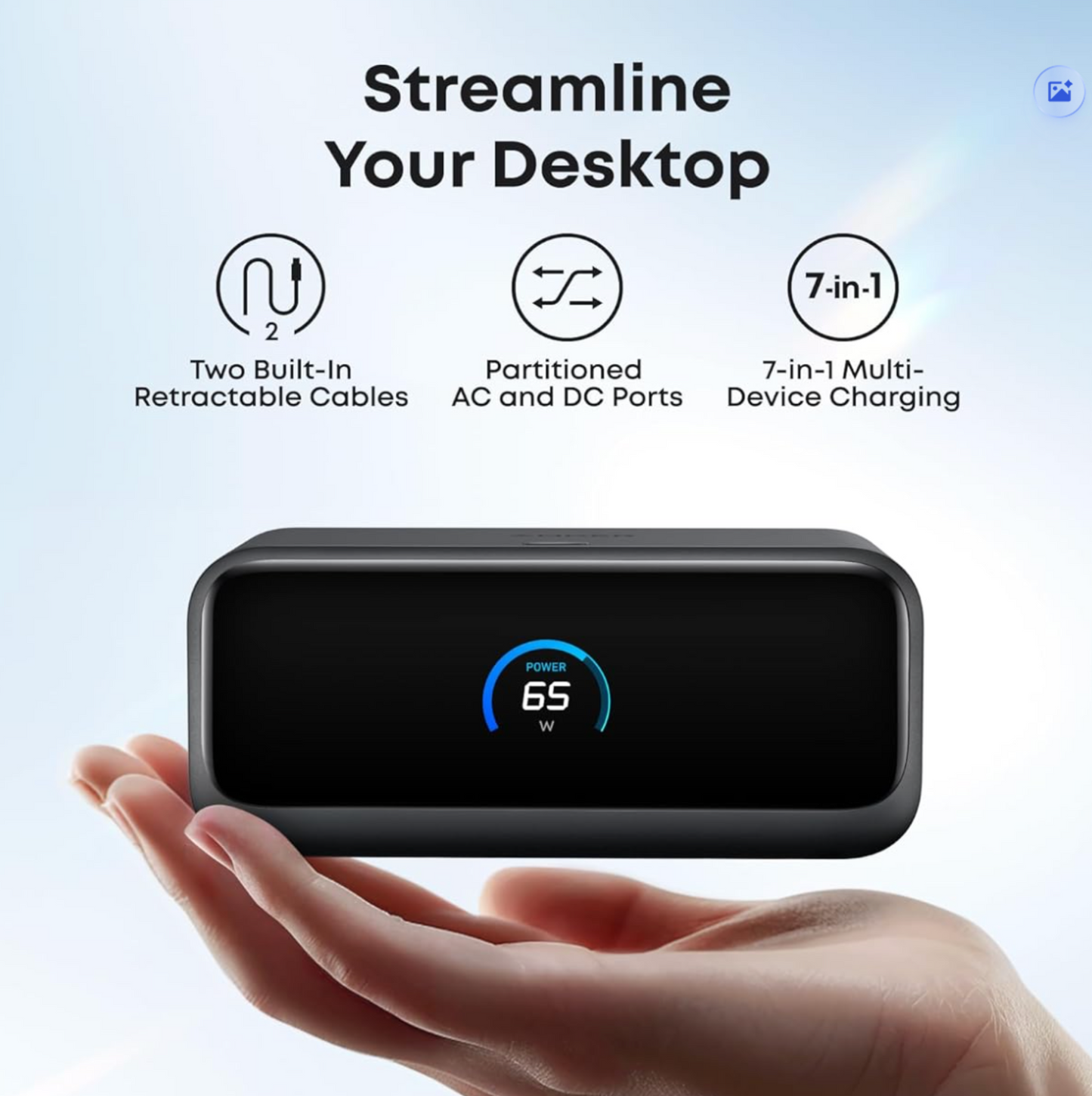 Anker Nano Charging Station, 7-in-1 USB-C Power Strip for iPhone 16, 2.3 ft Anker InstaCord Retractable Cable, 3 USB-C, 1 USB-A, 3 AC, 100W Desktop Fast Charging for MacBook, Home, Office(Non-Battery)
