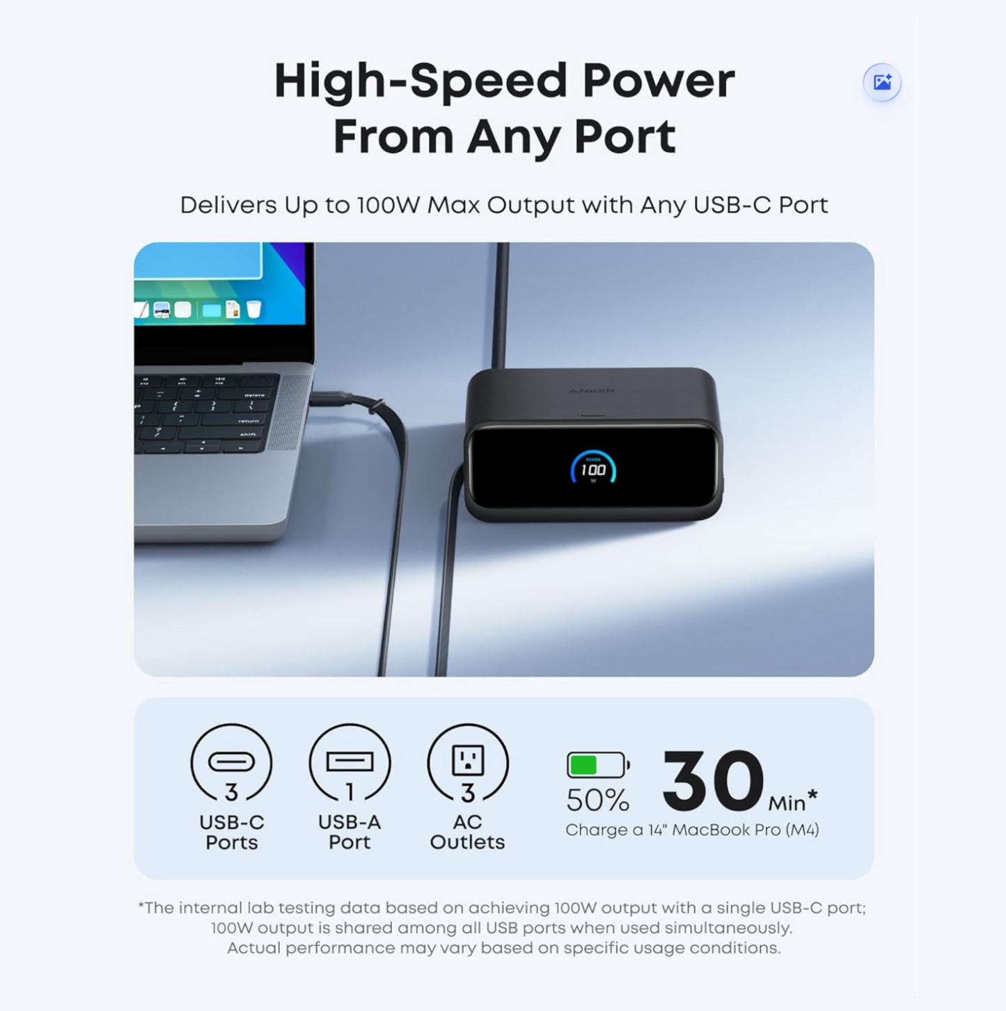 Anker Nano Charging Station, 7-in-1 USB-C Power Strip for iPhone 16, 2.3 ft Anker InstaCord Retractable Cable, 3 USB-C, 1 USB-A, 3 AC, 100W Desktop Fast Charging for MacBook, Home, Office(Non-Battery)