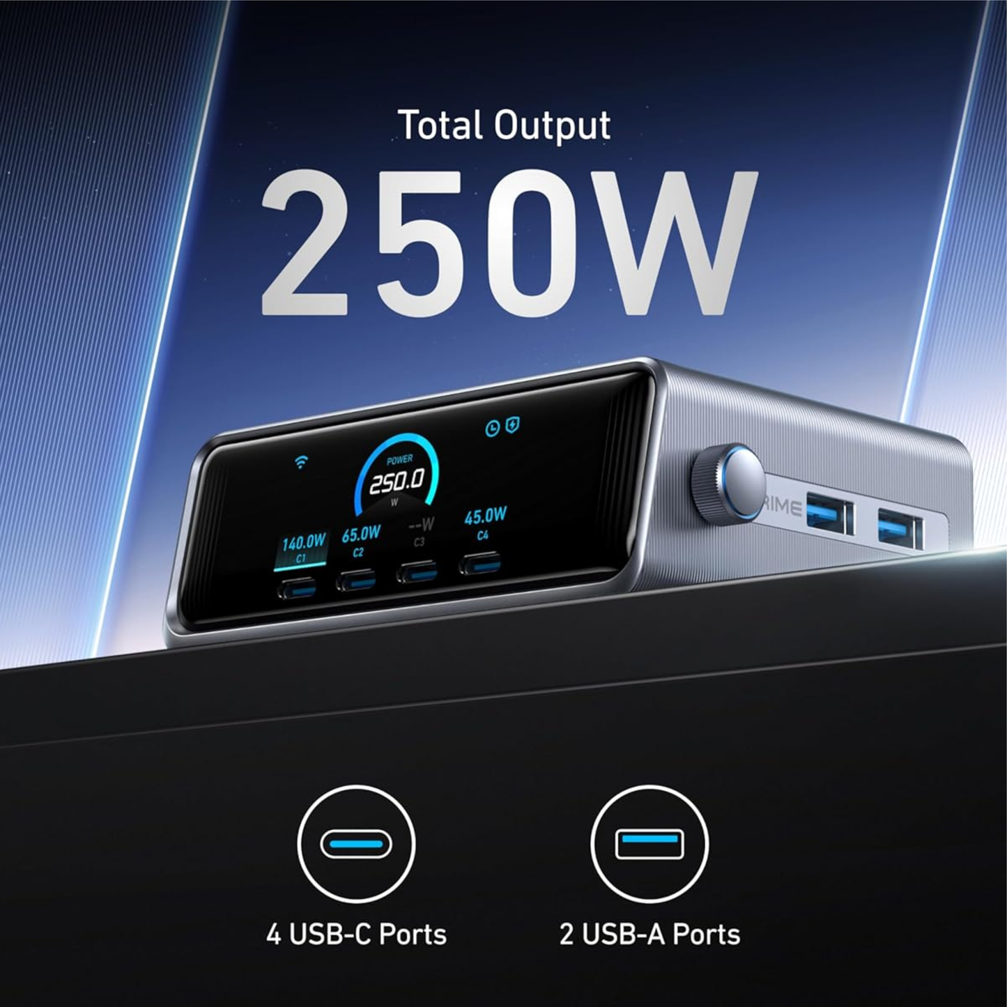 Anker Prime Charger, 250W GaN Prime USB C Charging Station, Ultra-Fast 6-Port, 2.26" LCD Display and Smart Control Dial, Compatible with MacBook Pro/Air